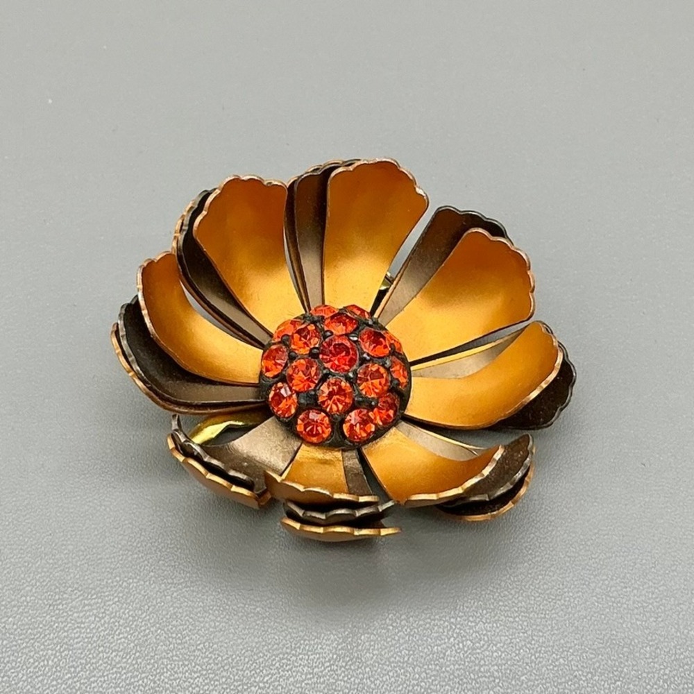 Vintage Brooch Orange Rhinestone Flower Layered Metal Copper Tone Floral 2.5"